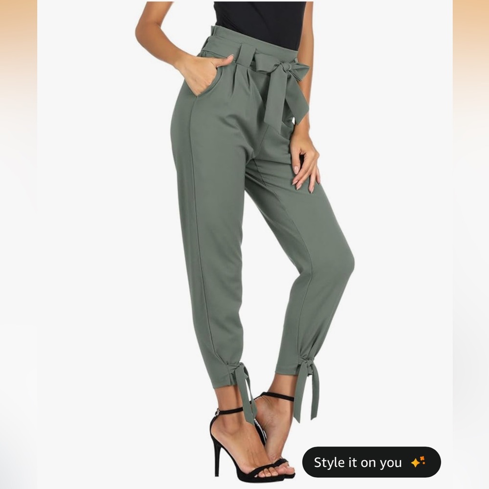 High-Waist Paperbag Tie-Waist Ankle Tie Pants in Olive Green